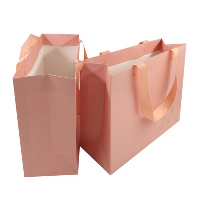 Custom Gift Shopping Bags Bow Tie Drawstring Gold Stamping Printed LOGO Luxury Packaging Bag with Ribbon Handle