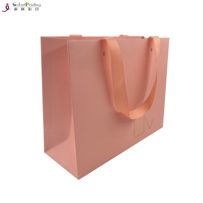 Retail Custom Logo Pink Colored Paper Garment Shopping Bags Packaging with Orange Ribbon Handle